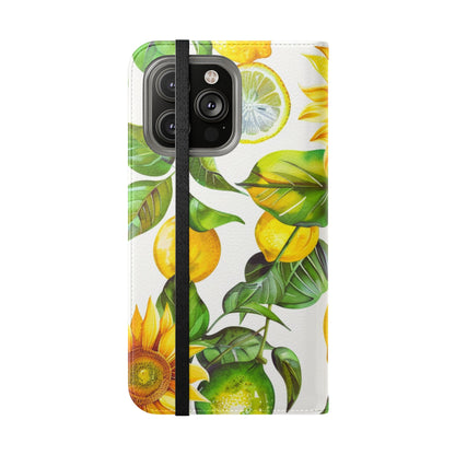 Sunflower & Lemon Flip Phone Case – Floral Wallet Flip Case with Card Slots