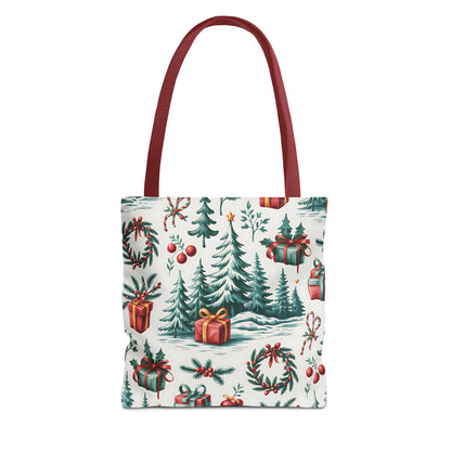 Festive Holiday Tote Bag with Christmas Trees and Gifts