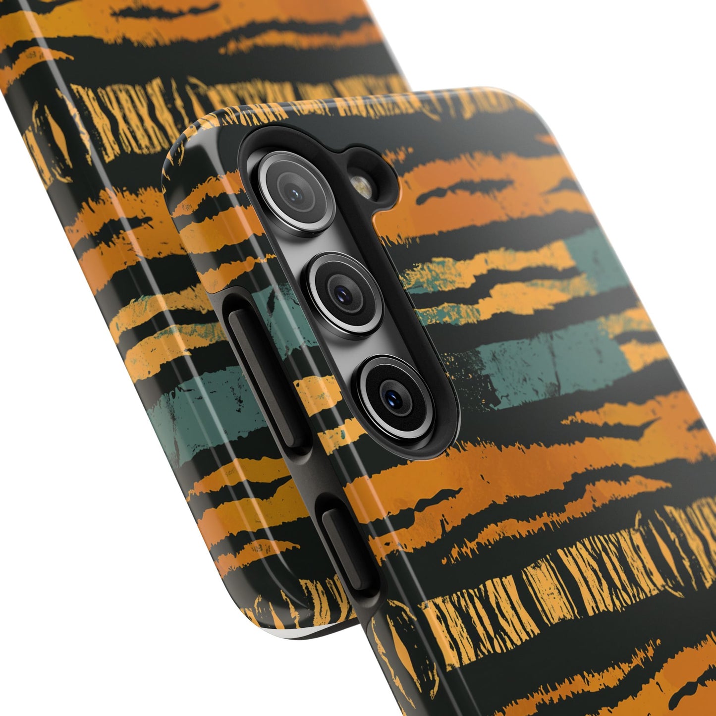 Tiger Stripe Tough Phone Case — Rugged Protective iPhone Cover with Amber & Teal Brushstroke Pattern