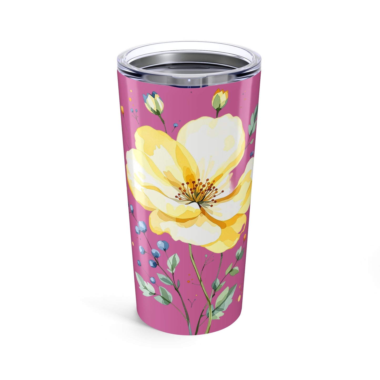 20oz Floral Tumbler — Pink Yellow Watercolor Blossom Insulated Cup