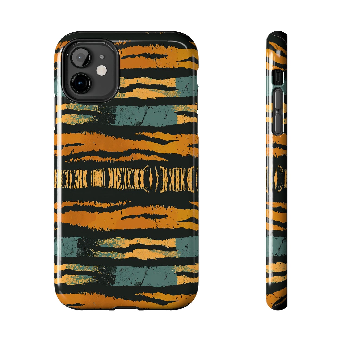 Tiger Stripe Tough Phone Case — Rugged Protective iPhone Cover with Amber & Teal Brushstroke Pattern