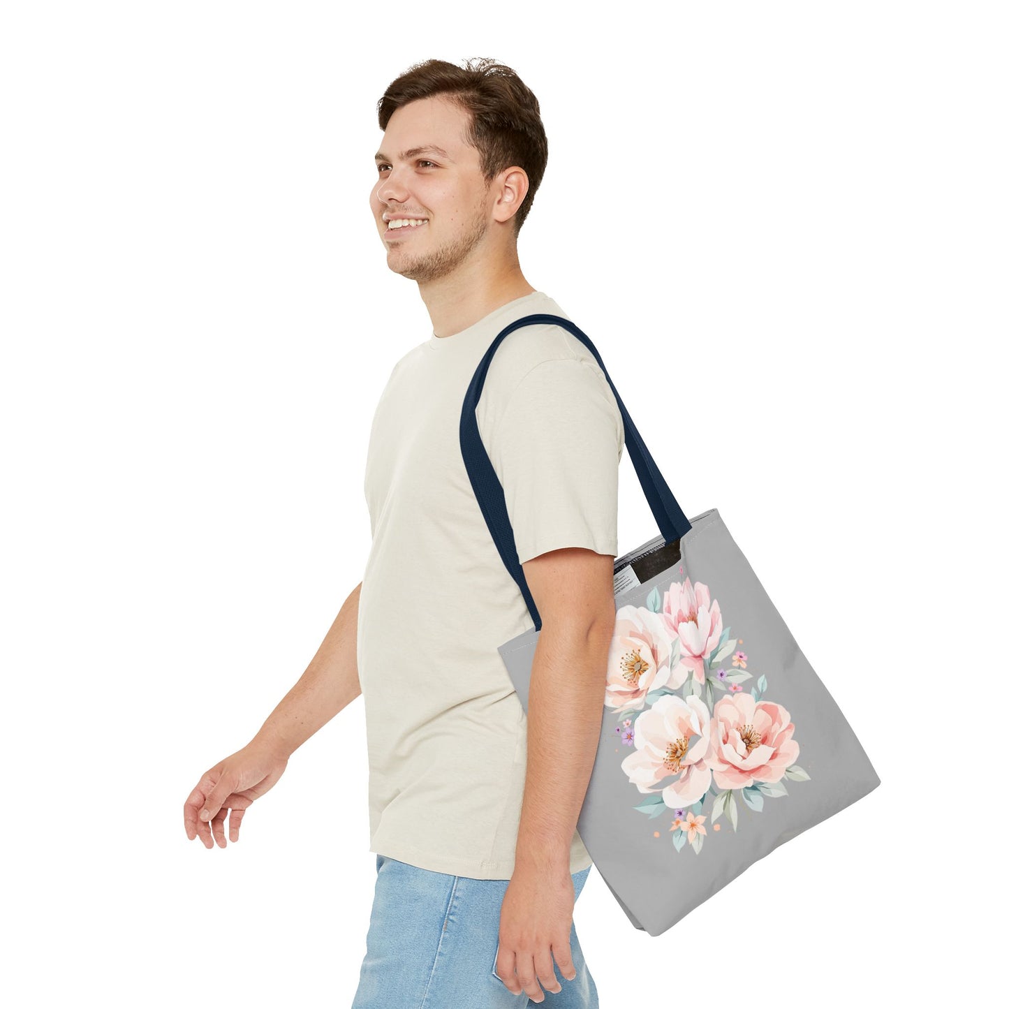 Floral Peony Tote Bag — Pink Watercolor Flowers on Grey
