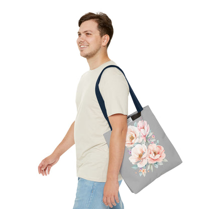 Floral Peony Tote Bag — Pink Watercolor Flowers on Grey