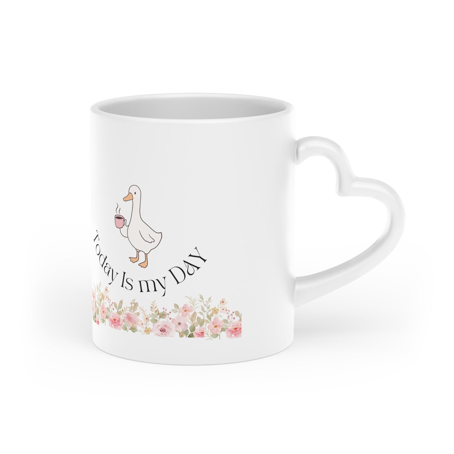 Mug - Duck and Flowers Heart-Shaped Mug - Today Is My Day Design