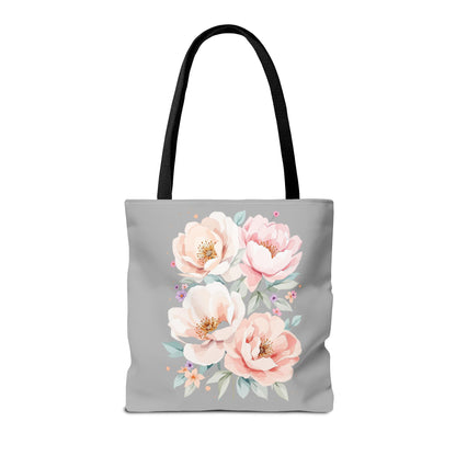 Floral Peony Tote Bag — Pink Watercolor Flowers on Grey