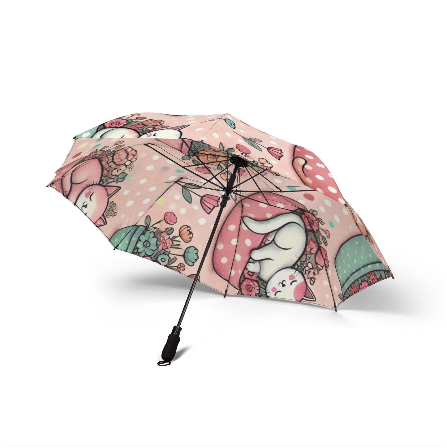 Cute Floral Mushroom Cat Foldable Umbrella – Pink Semi-Automatic Rain Parasol