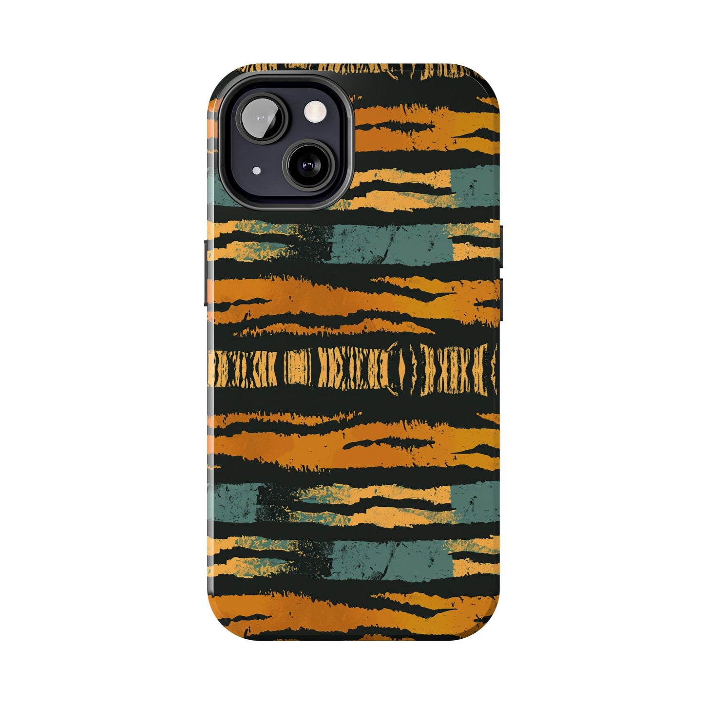 Tiger Stripe Tough Phone Case — Rugged Protective iPhone Cover with Amber & Teal Brushstroke Pattern