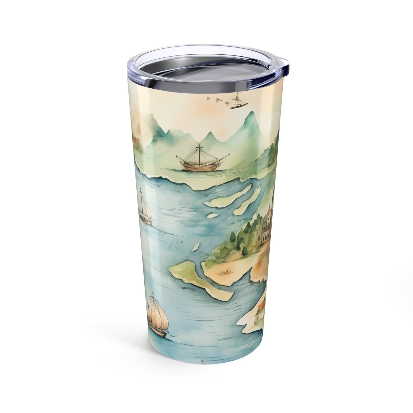 20oz Travel Tumbler — Vintage Fantasy Map with Castles & Sailing Ships
