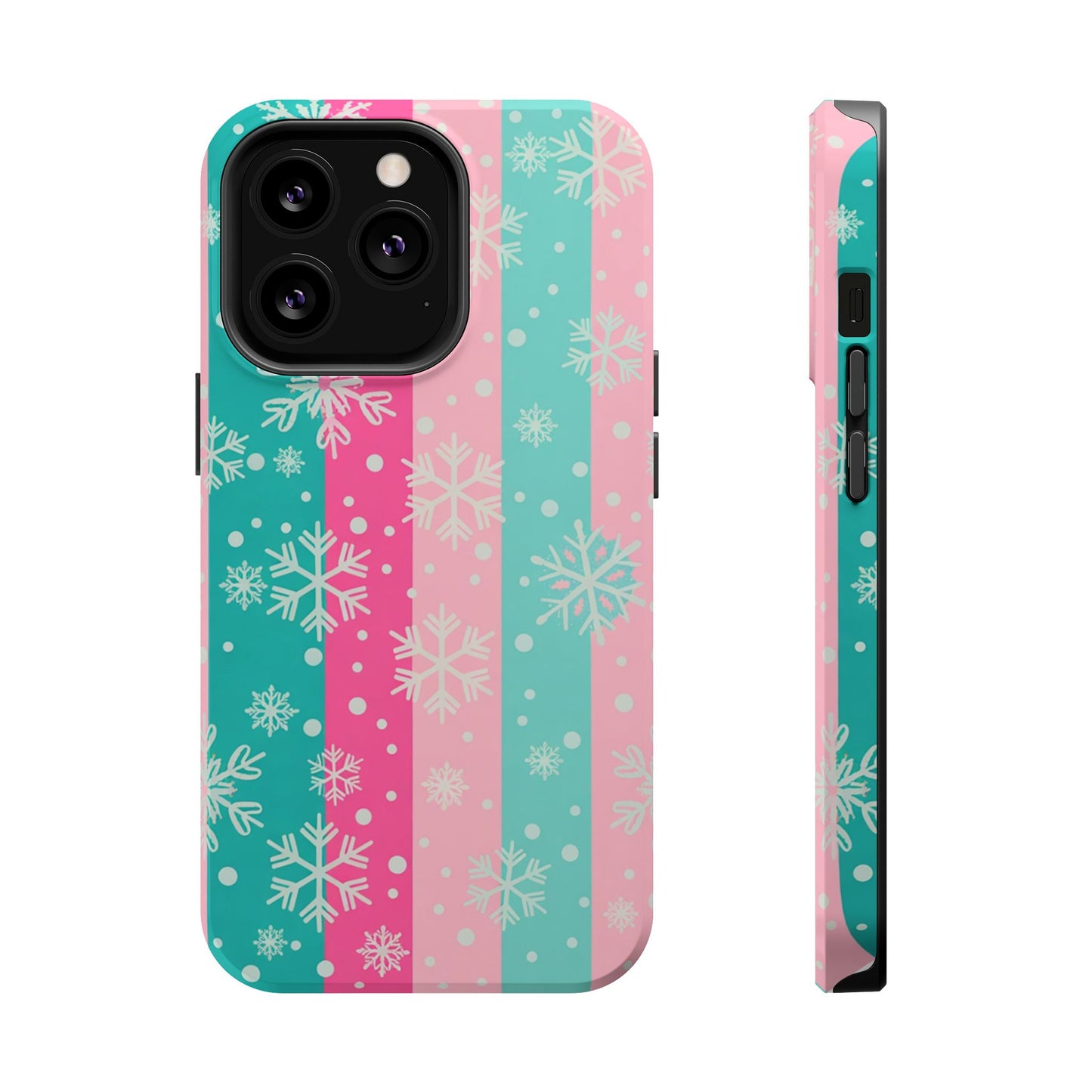 Snowflake Striped Magnetic Impact-Resistant Phone Case — Pink & Teal Winter Design