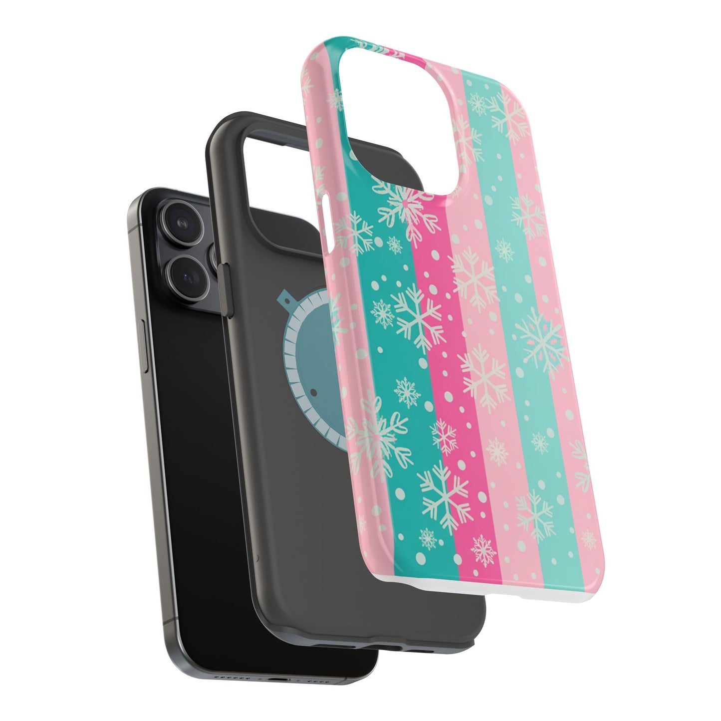 Snowflake Striped Magnetic Impact-Resistant Phone Case — Pink & Teal Winter Design