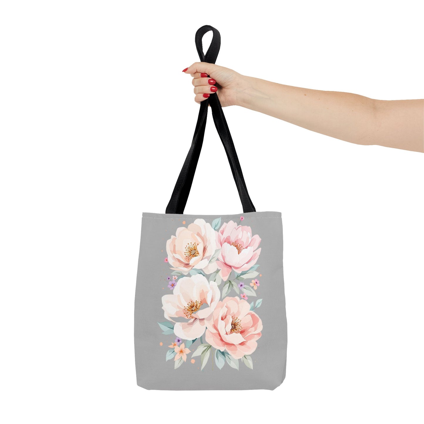 Floral Peony Tote Bag — Pink Watercolor Flowers on Grey