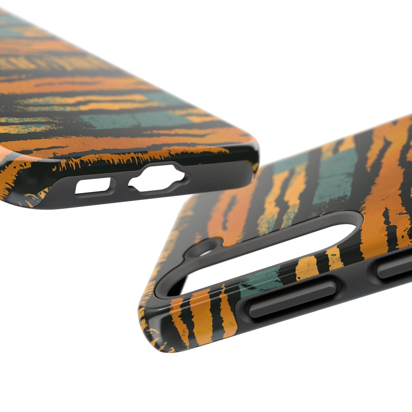 Tiger Stripe Tough Phone Case — Rugged Protective iPhone Cover with Amber & Teal Brushstroke Pattern