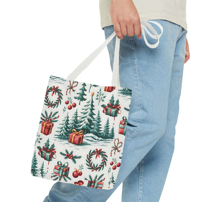 Festive Holiday Tote Bag with Christmas Trees and Gifts