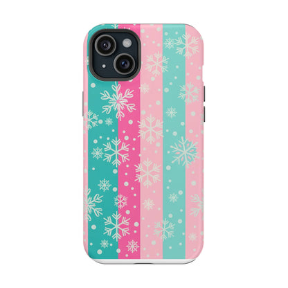 Snowflake Striped Magnetic Impact-Resistant Phone Case — Pink & Teal Winter Design