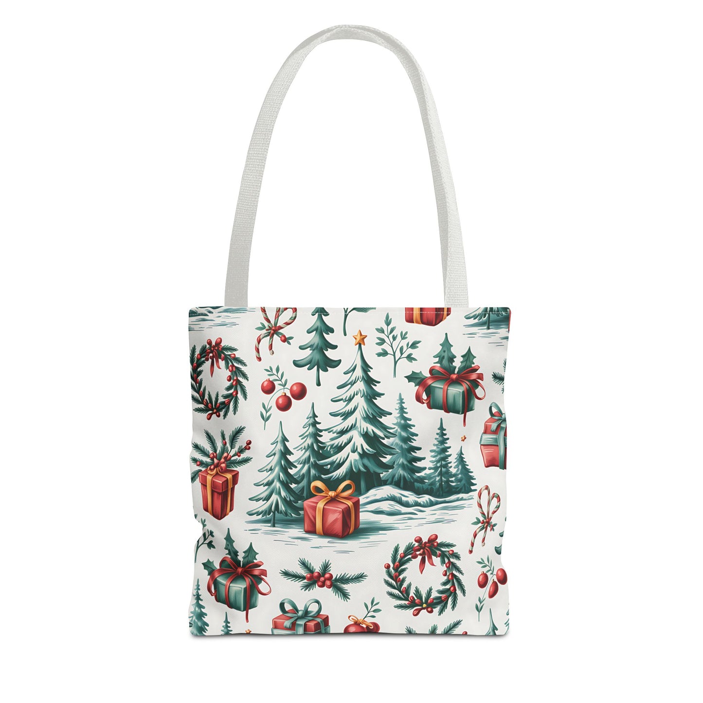 Festive Holiday Tote Bag with Christmas Trees and Gifts