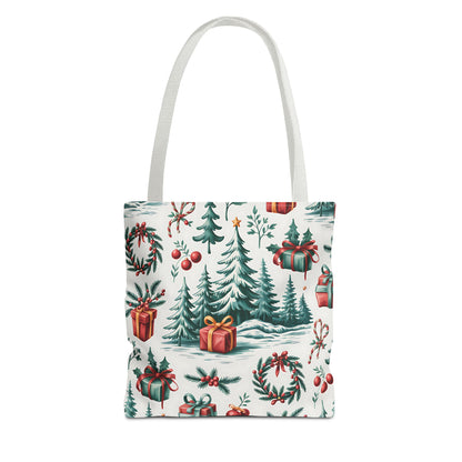 Festive Holiday Tote Bag with Christmas Trees and Gifts