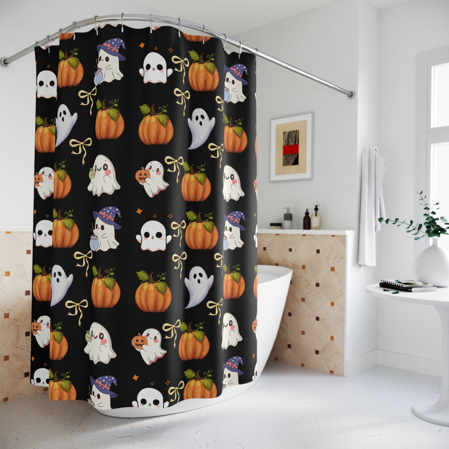 Cute Halloween Shower Curtain - Spooky Bathroom Decor, Fun Ghost & Pumpkin Design, Seasonal Home Decor, Halloween Party