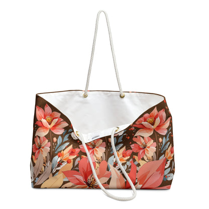 Floral Lotus Weekender Bag – Coral & Brown Travel Tote