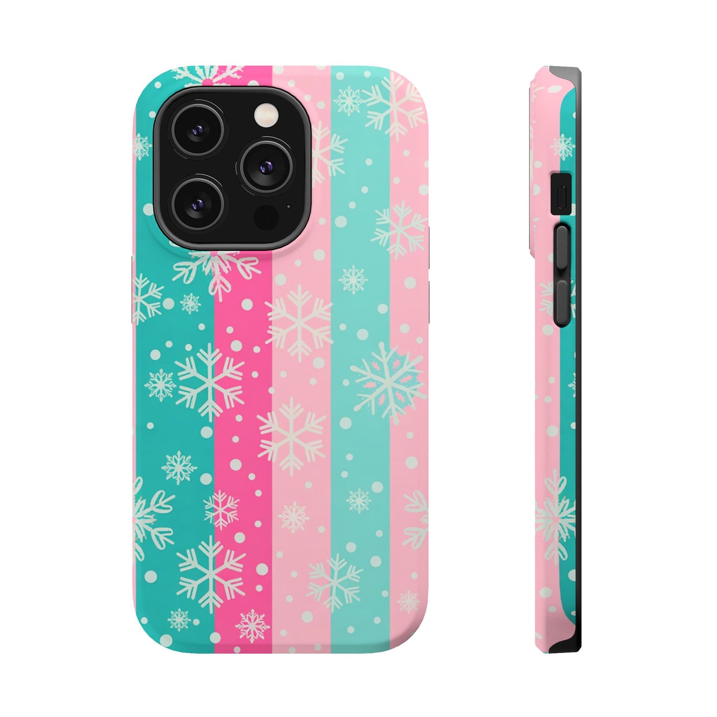 Snowflake Striped Magnetic Impact-Resistant Phone Case — Pink & Teal Winter Design