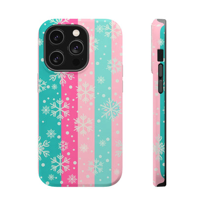 Snowflake Striped Magnetic Impact-Resistant Phone Case — Pink & Teal Winter Design