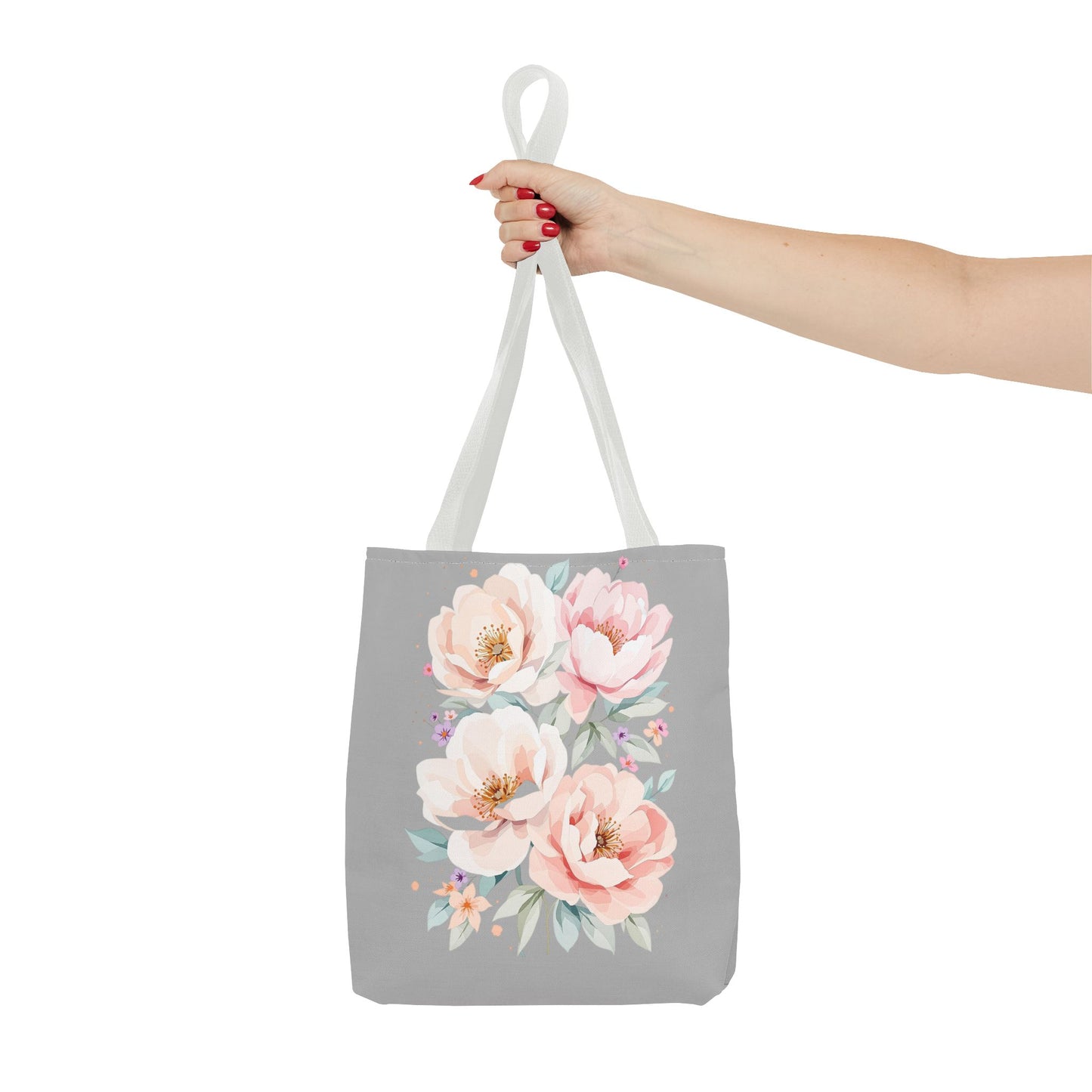 Floral Peony Tote Bag — Pink Watercolor Flowers on Grey