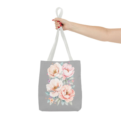 Floral Peony Tote Bag — Pink Watercolor Flowers on Grey