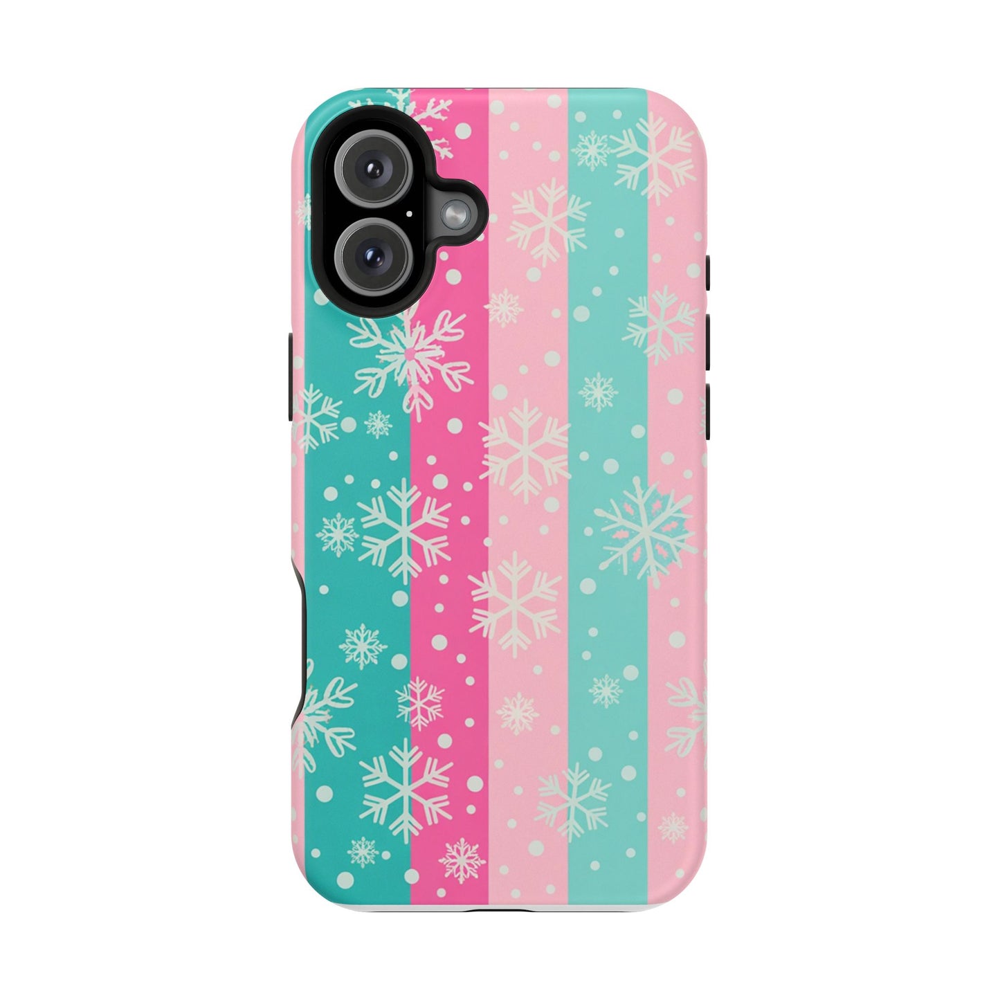 Snowflake Striped Magnetic Impact-Resistant Phone Case — Pink & Teal Winter Design