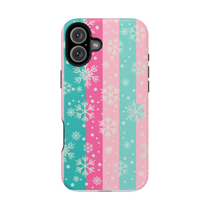 Snowflake Striped Magnetic Impact-Resistant Phone Case — Pink & Teal Winter Design