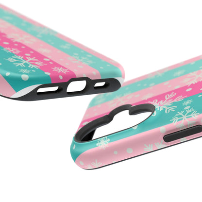 Snowflake Striped Magnetic Impact-Resistant Phone Case — Pink & Teal Winter Design