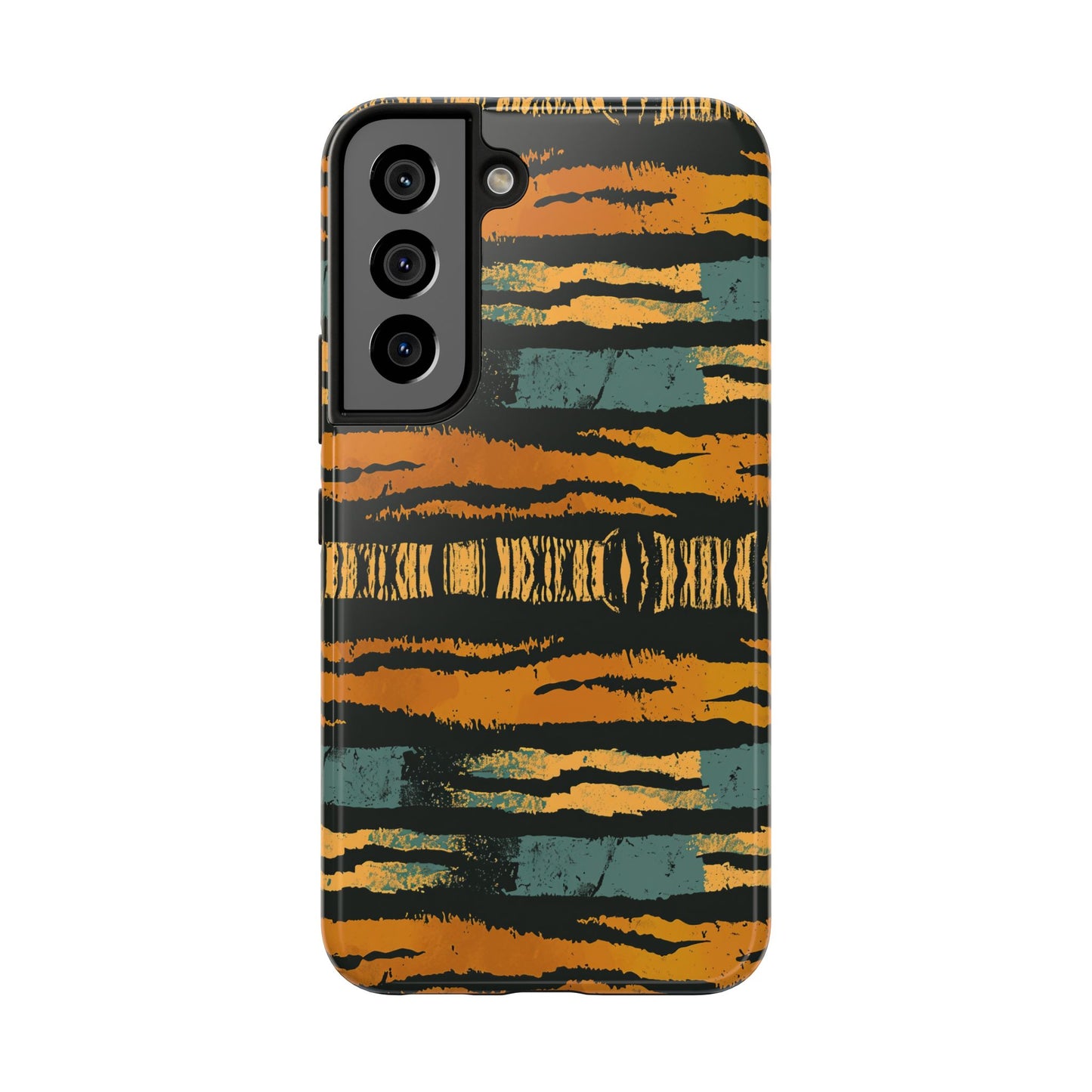 Tiger Stripe Tough Phone Case — Rugged Protective iPhone Cover with Amber & Teal Brushstroke Pattern