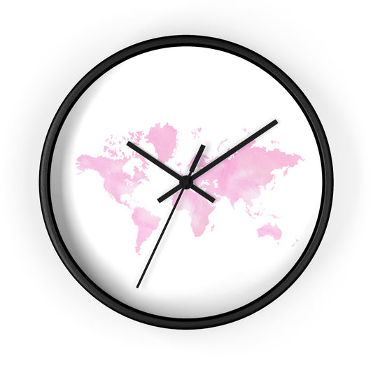 Pink Watercolor World Map Wall Clock — Feminine Travel Decor