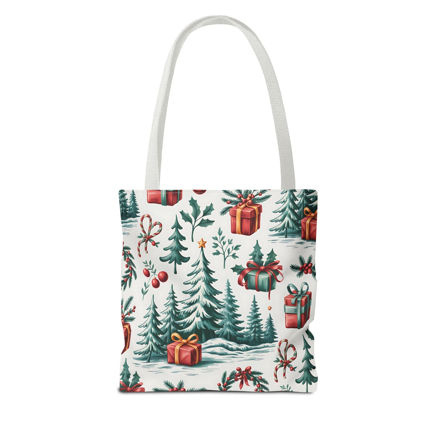 Festive Holiday Tote Bag with Christmas Trees and Gifts