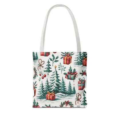 Festive Holiday Tote Bag with Christmas Trees and Gifts