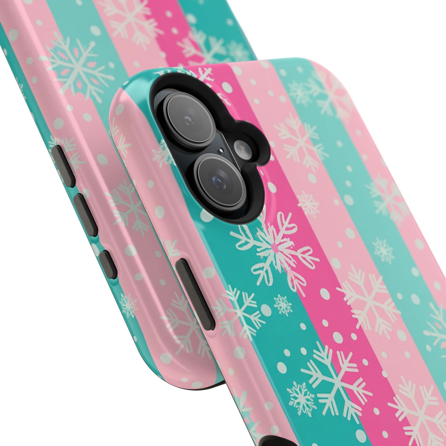 Snowflake Striped Magnetic Impact-Resistant Phone Case — Pink & Teal Winter Design