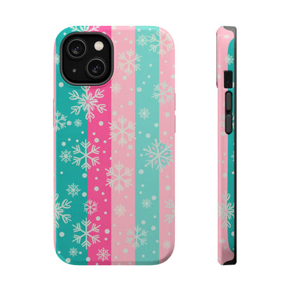 Snowflake Striped Magnetic Impact-Resistant Phone Case — Pink & Teal Winter Design