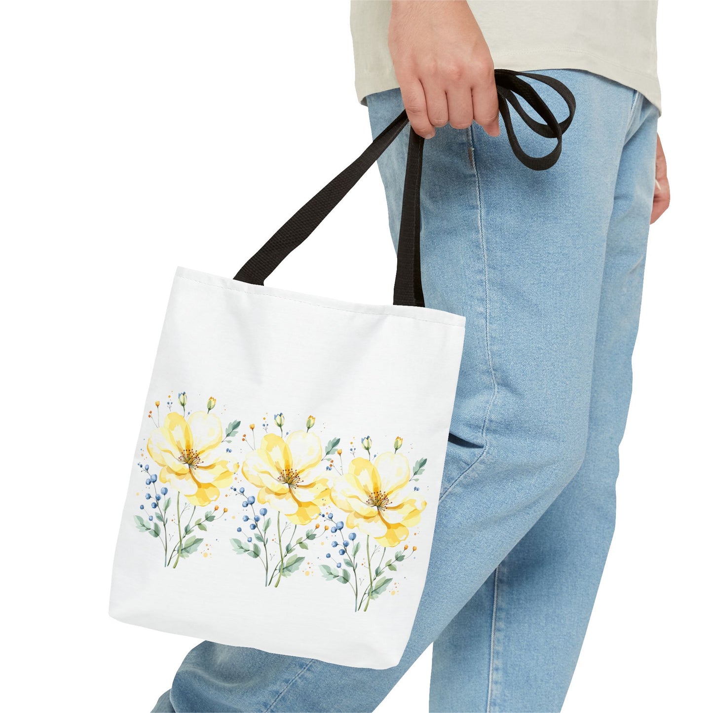 Floral Peony Tote Bag — Yellow Watercolor Flowers on White