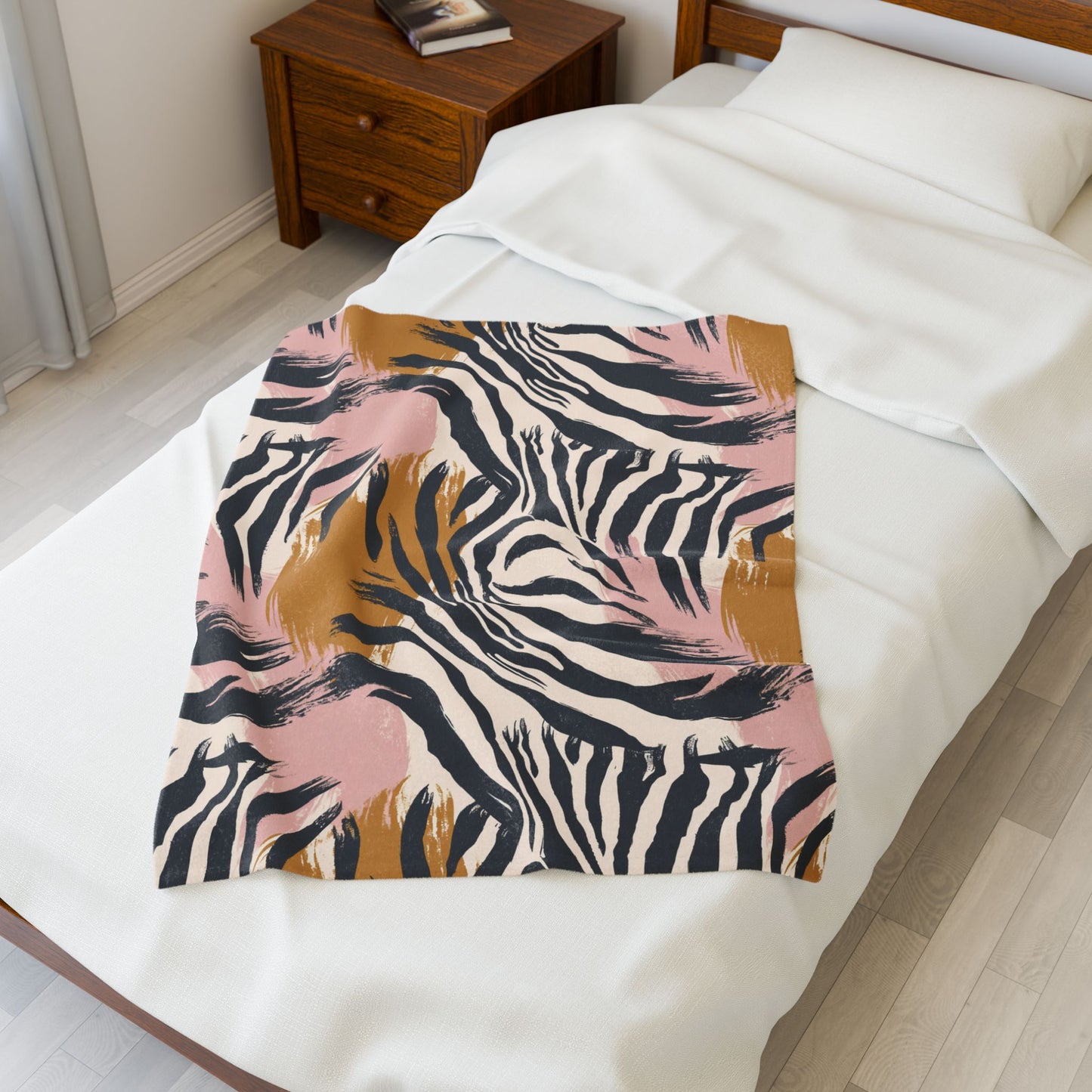 Velveteen Plush Blanket – Pink & Mustard Abstract Zebra Print Cozy Throw