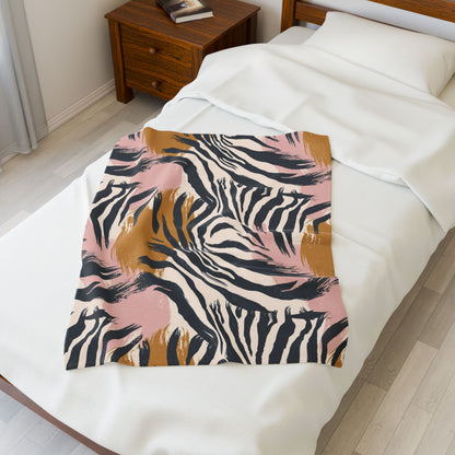 Velveteen Plush Blanket – Pink & Mustard Abstract Zebra Print Cozy Throw