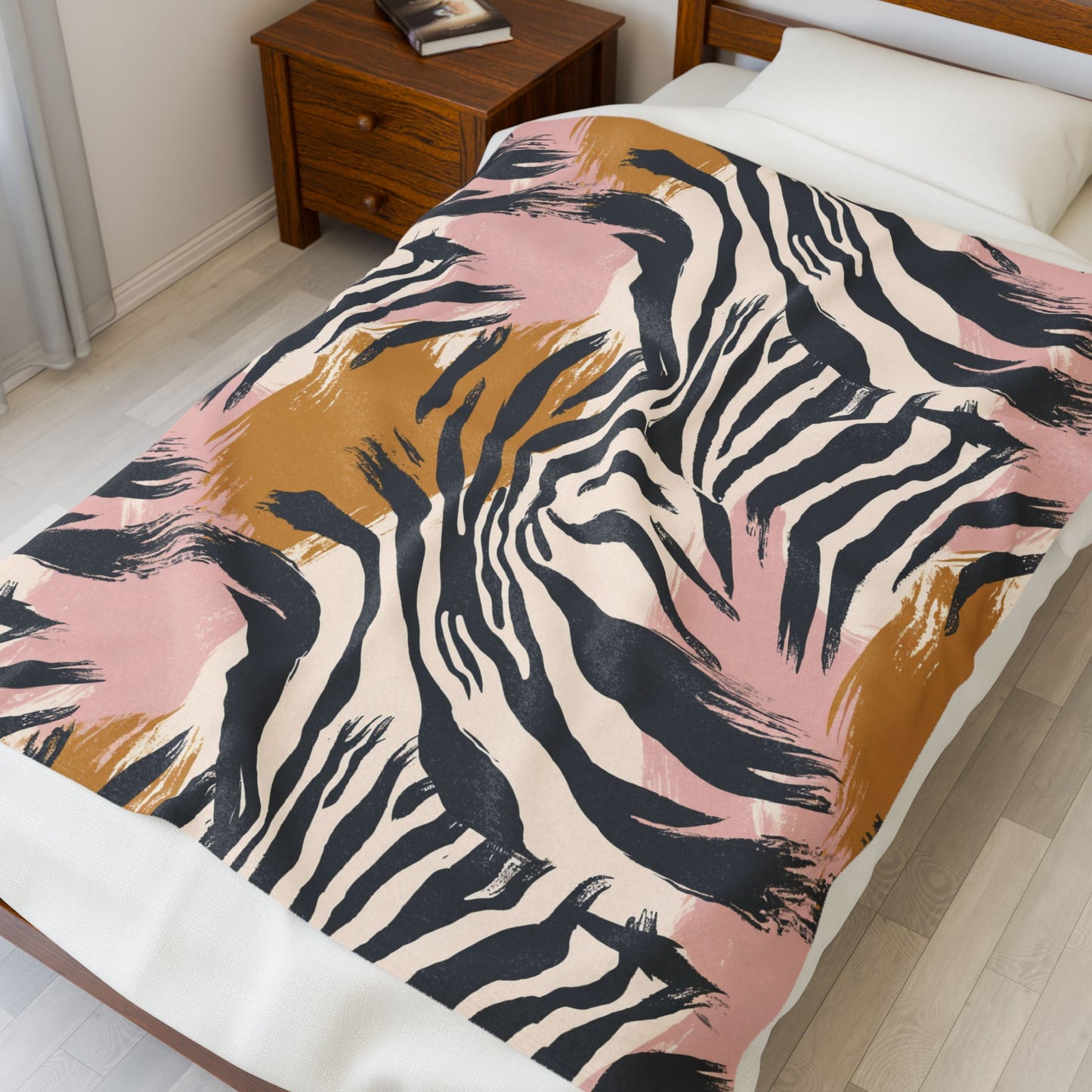 Velveteen Plush Blanket – Pink & Mustard Abstract Zebra Print Cozy Throw