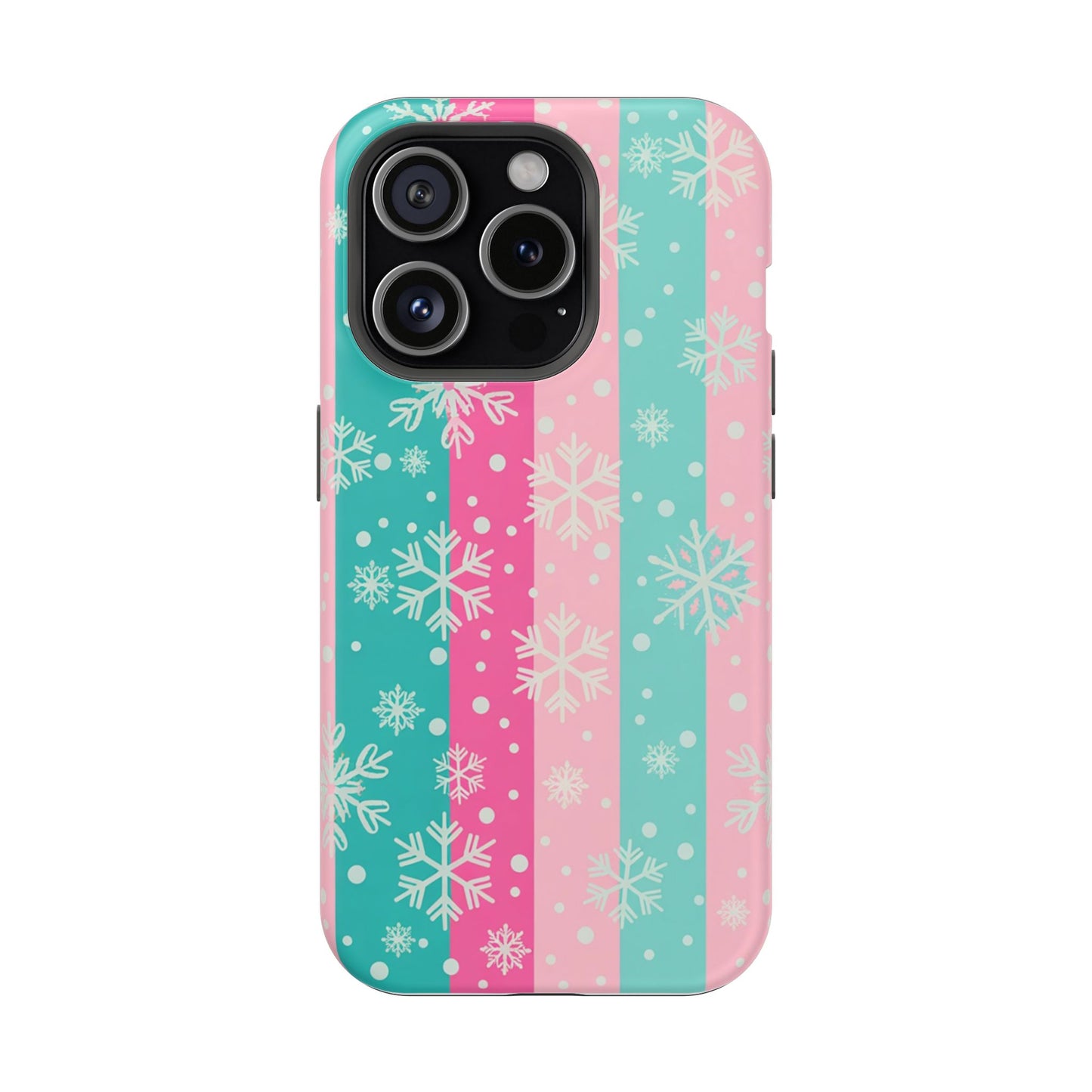 Snowflake Striped Magnetic Impact-Resistant Phone Case — Pink & Teal Winter Design