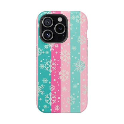 Snowflake Striped Magnetic Impact-Resistant Phone Case — Pink & Teal Winter Design