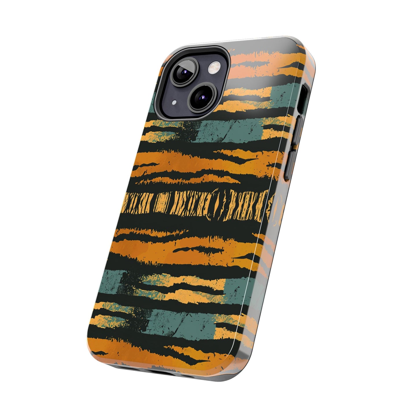 Tiger Stripe Tough Phone Case — Rugged Protective iPhone Cover with Amber & Teal Brushstroke Pattern