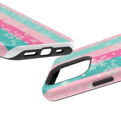 Snowflake Striped Magnetic Impact-Resistant Phone Case — Pink & Teal Winter Design