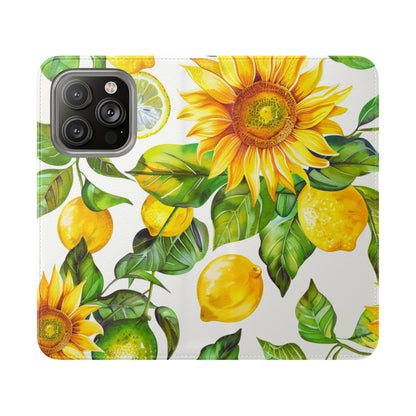 Sunflower & Lemon Flip Phone Case – Floral Wallet Flip Case with Card Slots