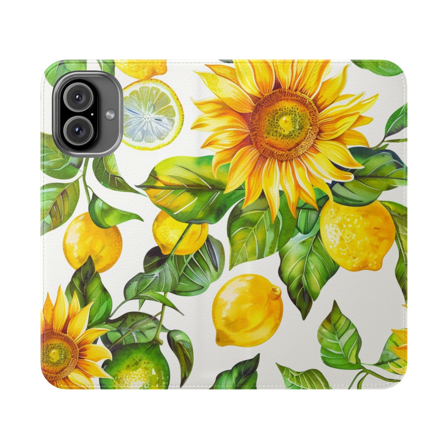 Sunflower & Lemon Flip Phone Case – Floral Wallet Flip Case with Card Slots