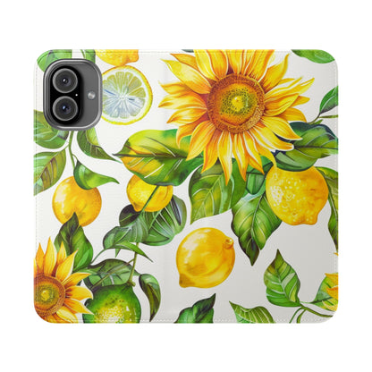 Sunflower & Lemon Flip Phone Case – Floral Wallet Flip Case with Card Slots