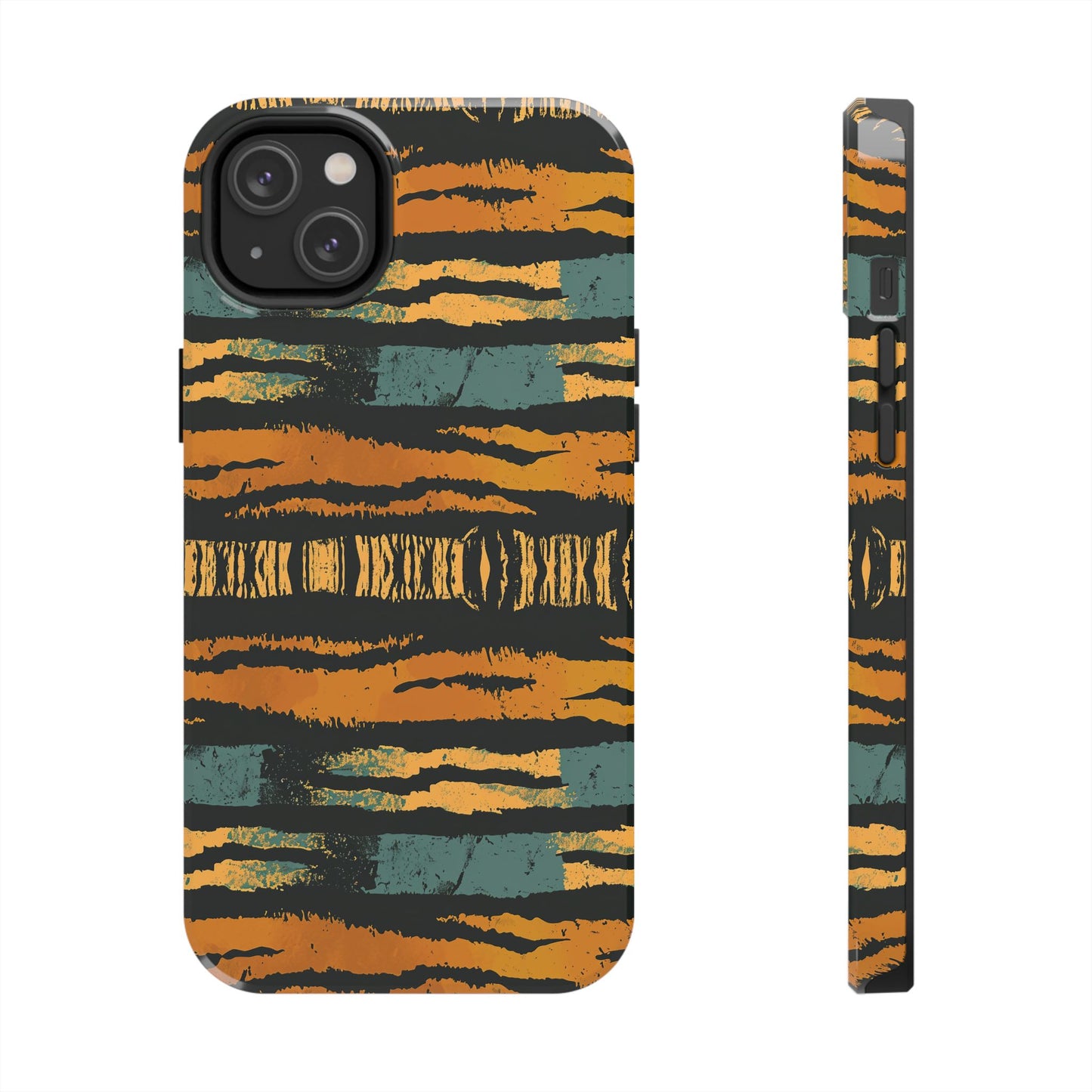 Tiger Stripe Tough Phone Case — Rugged Protective iPhone Cover with Amber & Teal Brushstroke Pattern