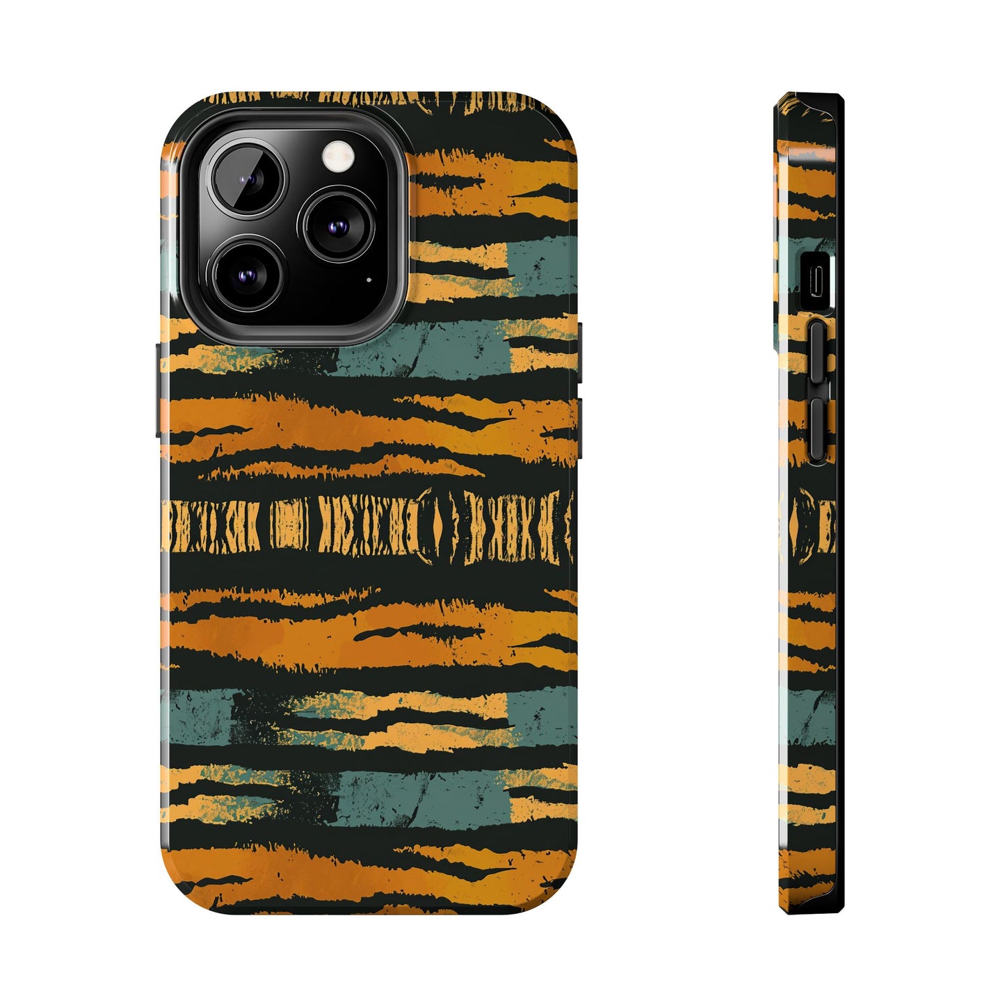 Tiger Stripe Tough Phone Case — Rugged Protective iPhone Cover with Amber & Teal Brushstroke Pattern