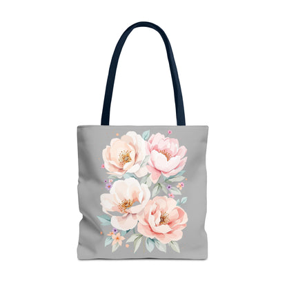 Floral Peony Tote Bag — Pink Watercolor Flowers on Grey