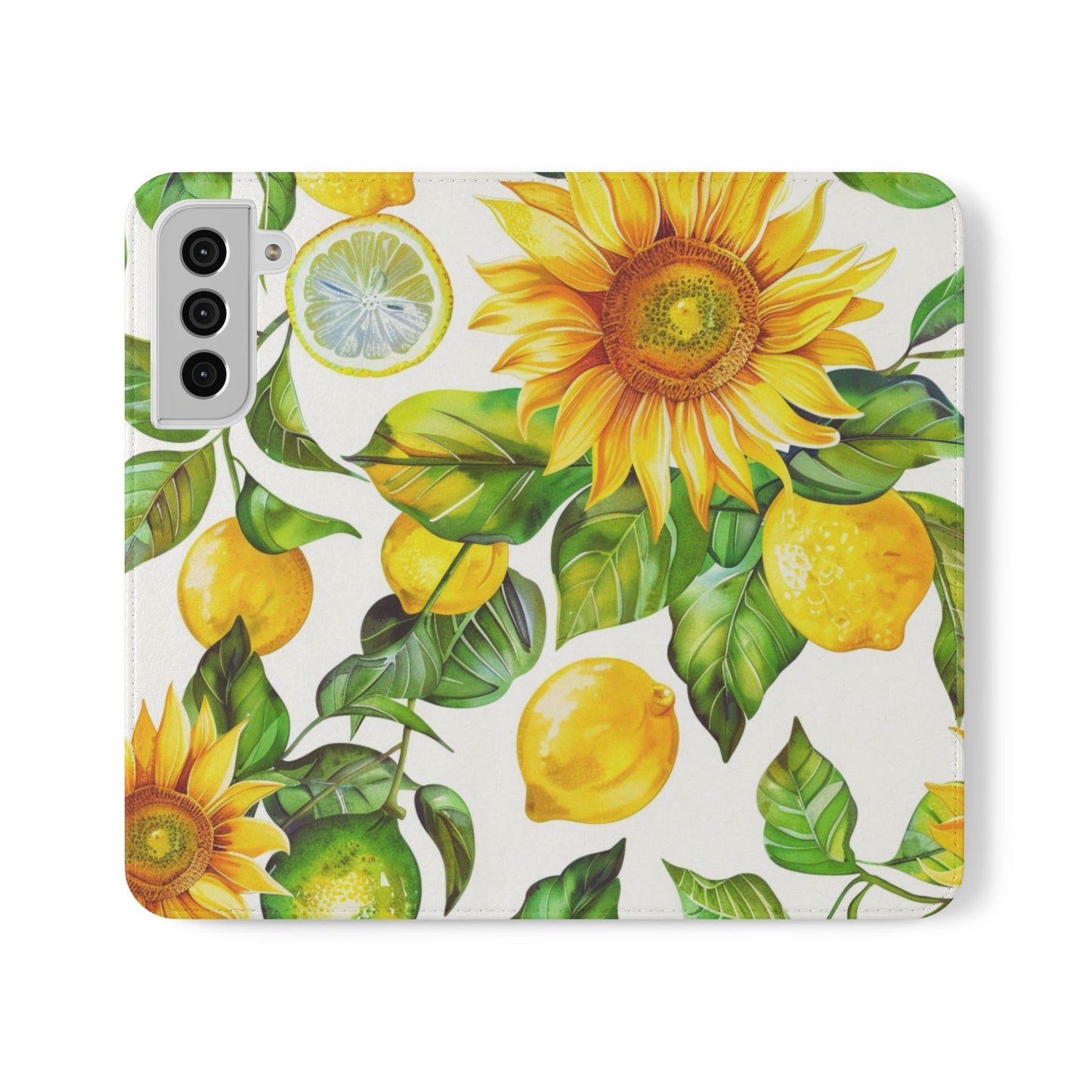 Sunflower & Lemon Flip Phone Case – Floral Wallet Flip Case with Card Slots